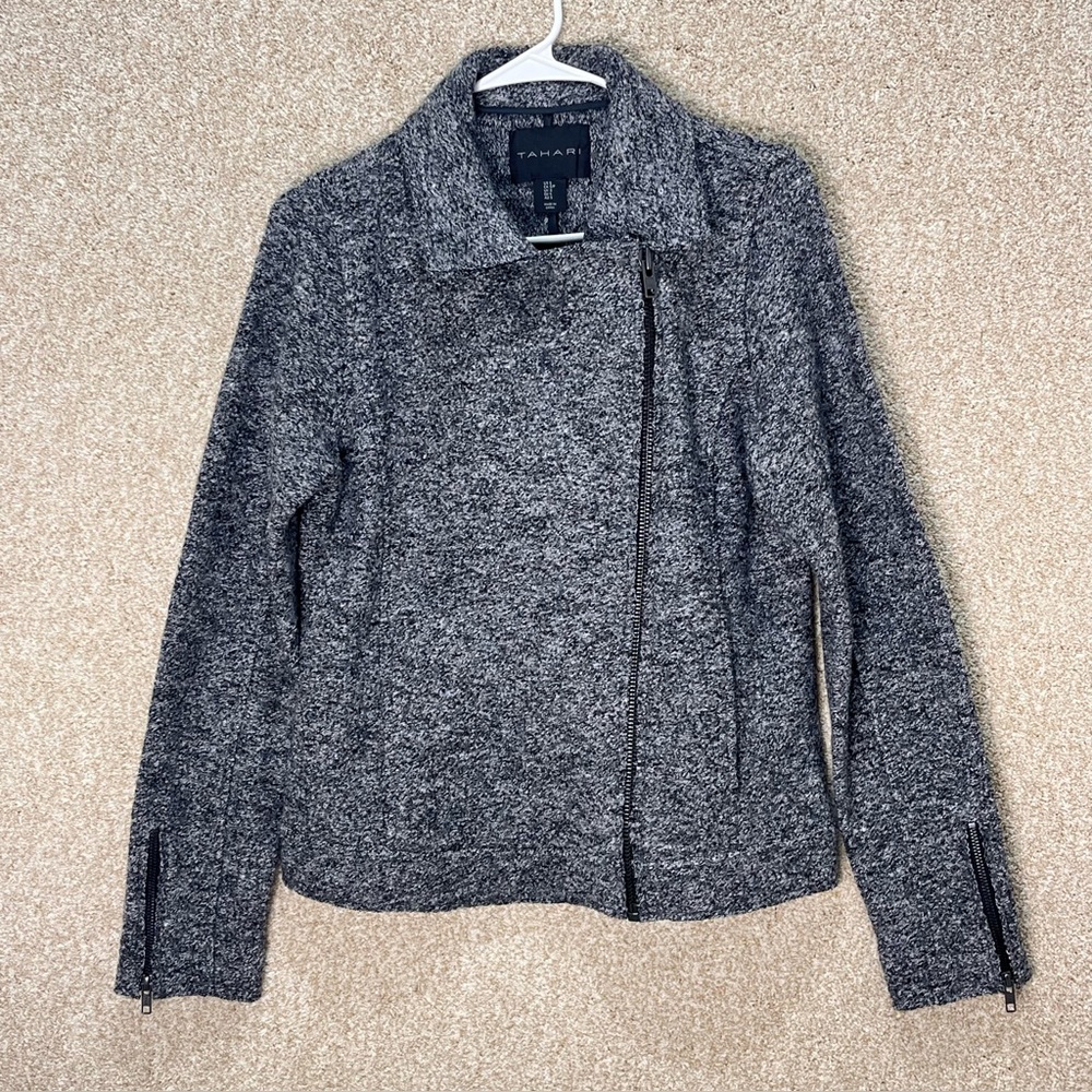 Tahari wool blend jacket size‎ small notch moto jacket tweed jacket neutral grey
